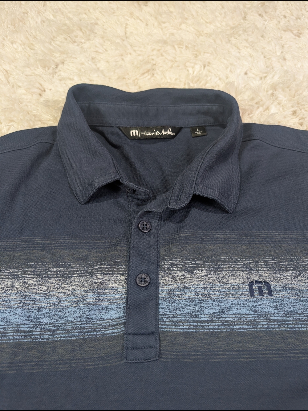 Travis Mathew Men's Navy Blue Striped Polo Shirt
